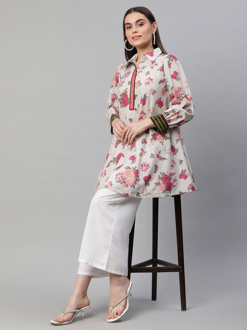 Ahalyaa Women Beige Crepe Digital Floral Print Tunic