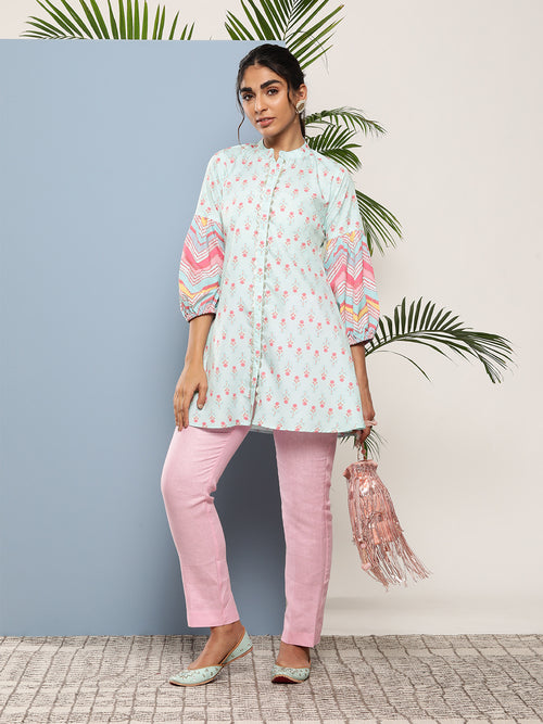 Ahalyaa Sea Green Pink Mandarin Collar Printed Tunic