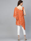 Ahalyaa Women Rust Orange & Golden Printed One Sleeve Asymmetric Layered Tunic