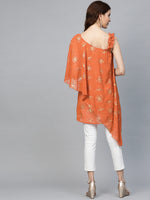 Ahalyaa Women Rust Orange & Golden Printed One Sleeve Asymmetric Layered Tunic