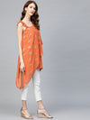 Ahalyaa Women Rust Orange & Golden Printed One Sleeve Asymmetric Layered Tunic