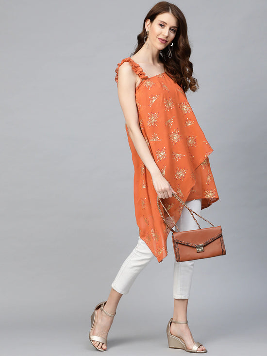 Ahalyaa Women Rust Orange & Golden Printed One Sleeve Asymmetric Layered Tunic