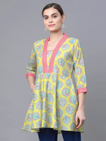 Ahalyaa Women Cotton Blend Lemmon Yellow Digital Printed Tunic