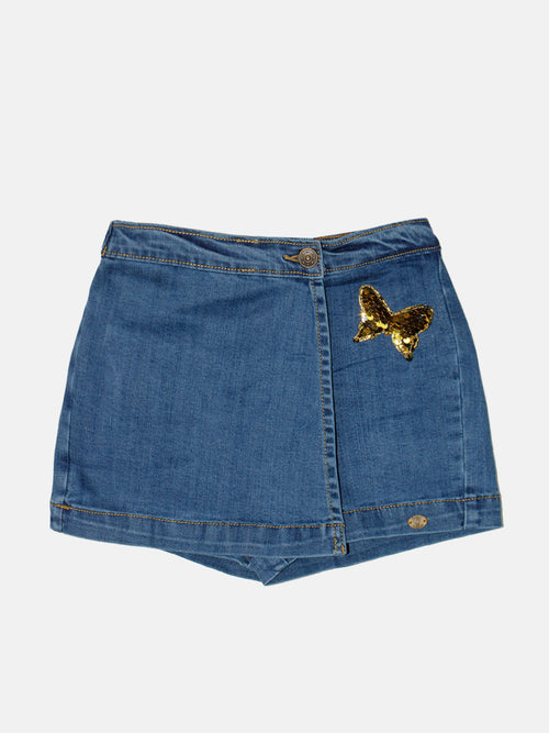 Girls Denim Over Lap Shorts With Applique