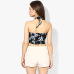 Black Floral Cage Halter Print Crop Top