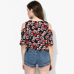 Surreal Floral Print Cold Shoulder Slit Sleeve Crop Top