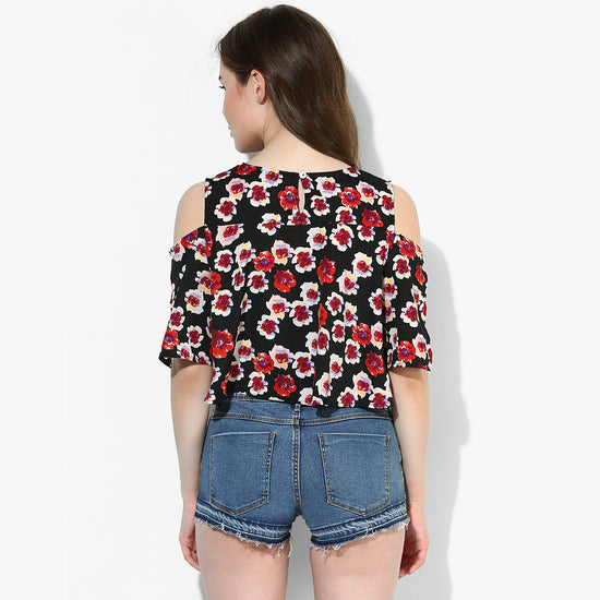 Surreal Floral Print Cold Shoulder Slit Sleeve Crop Top