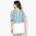 Turquoise Aztec Cold Shoulder Slit Sleeve Crop Top