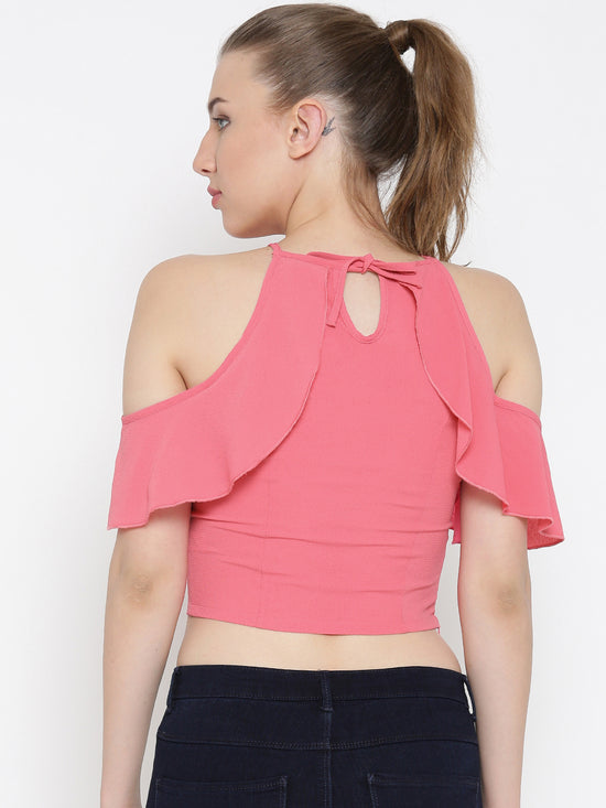 Pink Frilled Cold Shoulder Crop Top