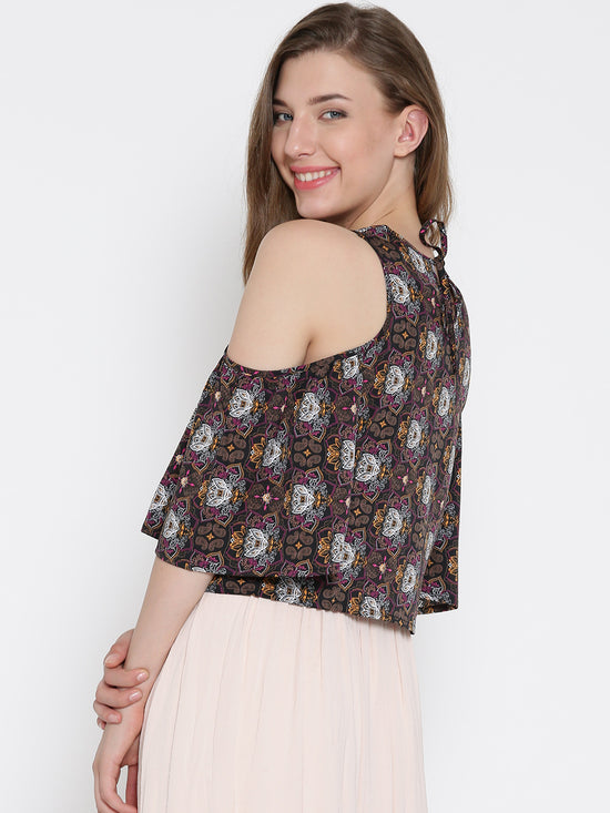 Black Paisley Bell Sleeve Cold Shoulder