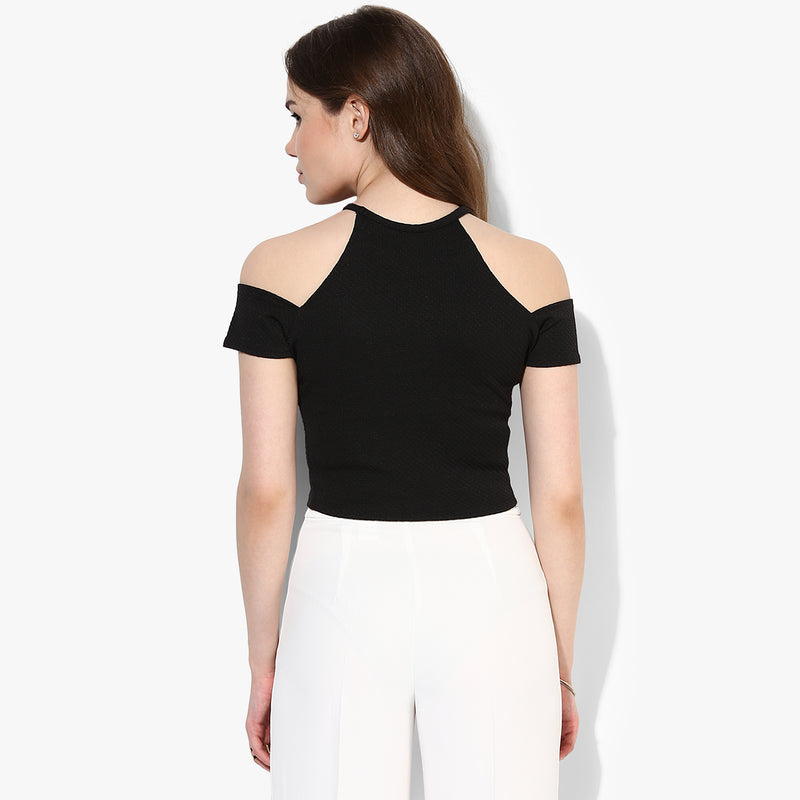 Wholesale Black Textured Cold Shoulder Crop Top – Tradyl