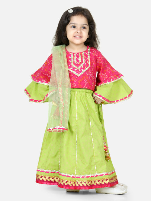 BownBee Printed Cotton Frill Sleeves Top with Lehenga for Girls- Pink