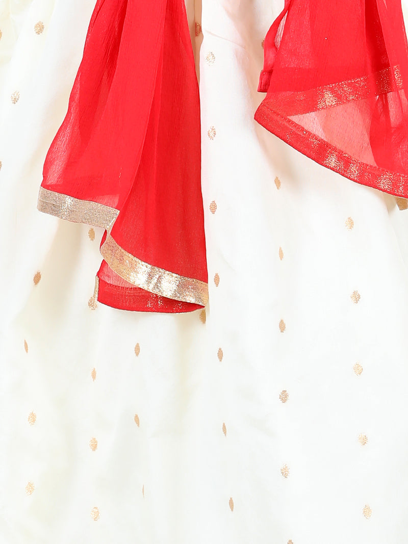 BownBee Girls Ethnic Festive Wear Jacquard Flared Sleeve Top with Silk Lehenga with Dupatta- Red