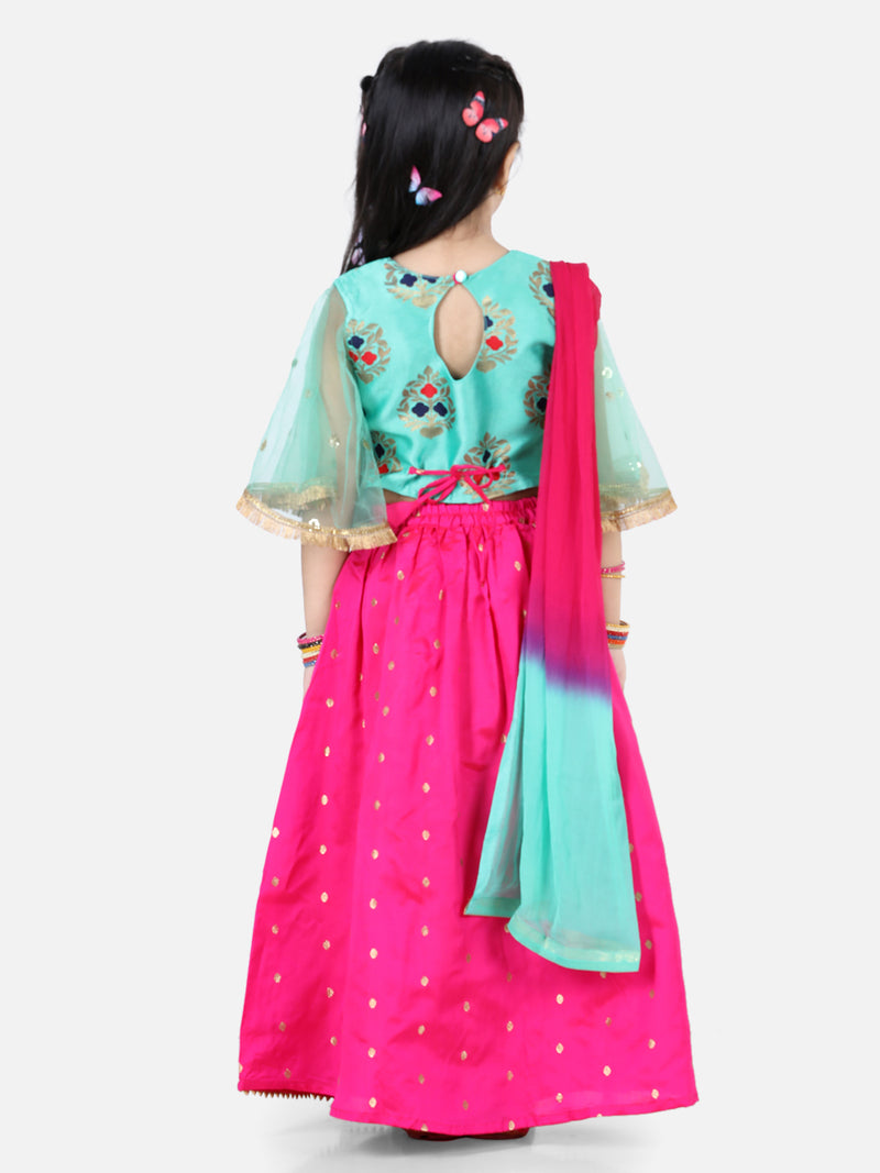 BownBee Girls Ethnic Festive Wear Jacquard Flared Sleeve Top with Silk Lehenga with Dupatta- Sky Blue