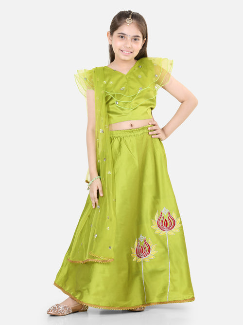 BownBee Girls Lotus Embroidery Lehenga Choli Ruffle Sequin with Dupatta- Green