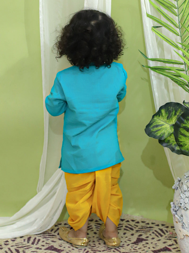 BownBee Boys Ethnic Festive Wear Ganesh Embroidery Cotton Dhoti Kurta for Boys- Green