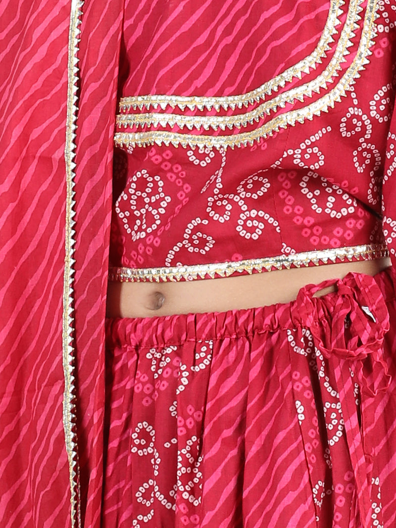 BownBee Pure Cotton Printed Lehenga Choli Dupatta Set for Girls- Pink