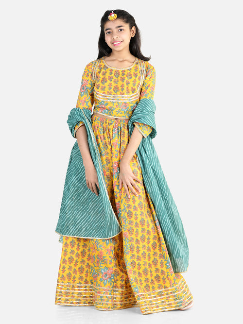 BownBee Pure Cotton Printed Lehenga Choli Dupatta Set for Girls- Yellow