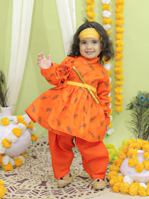 BownBee Ethnic Festive Wear Morpankh Print Kedia Angrakha Kurta Dhoti with Bansuri, Mukut Belt- Orange