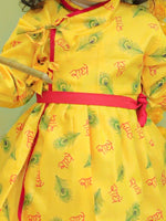 BownBee Ethnic Festive Wear Morpankh Print Kedia Angrakha Kurta Dhoti with Bansuri, Mukut Belt- Yellow