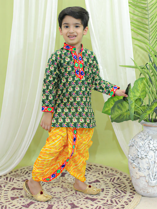 BownBee Printed Cotton Kurta with Dhoti for Boys- Green