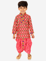 BownBee Printed Cotton Kurta with Dhoti for Boys- Pink