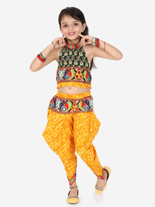 BownBee Girls Ethnic Navratri Indo-western Wear Cotton Choli Top with elastic dhoti - Yellow