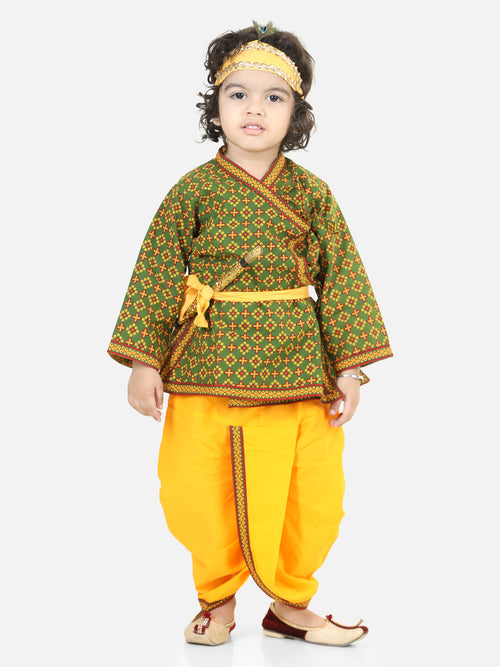 BownBee Cotton Angrakha Kanhaiya Costume Dress With Bansuri,Mukut & Band- Green