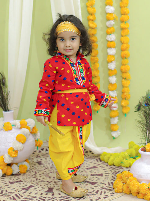 BownBee Ethnic Festive Wear Bandhani Print Cotton Kanhaiya Suit Dress with Bansuri, Mukut Belt- Red