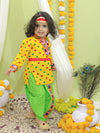 BownBee Ethnic Festive Wear Bandhani Print Cotton Kanhaiya Suit Dress with Bansuri, Mukut Belt- Yellow
