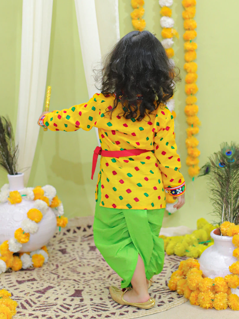 BownBee Ethnic Festive Wear Bandhani Print Cotton Kanhaiya Suit Dress with Bansuri, Mukut Belt- Yellow