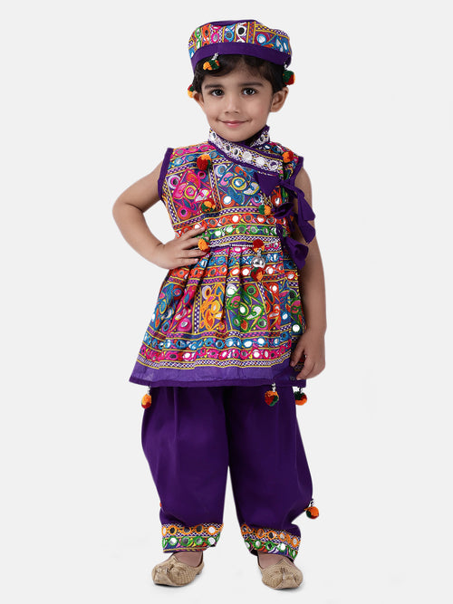 BownBee Navratri Embroidered kediya with Dhoti and Cap for Boys- purple