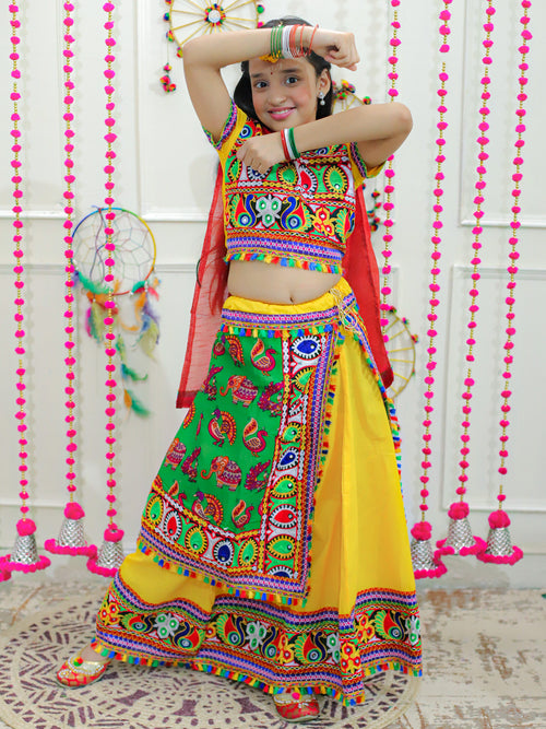 BownBee Girls Navratri Double Panel Cotton Chaniya Choli with Dupatta- Yellow