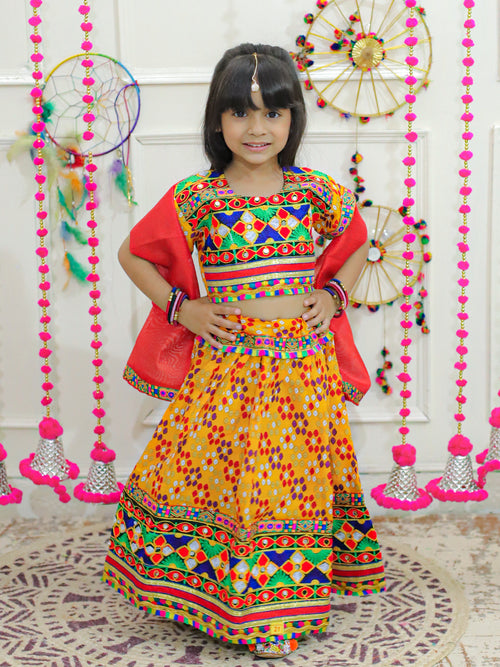 BownBee Girls Navrtari Bandhani Print Cotton Lehnga Choli with Dupatta- Yellow