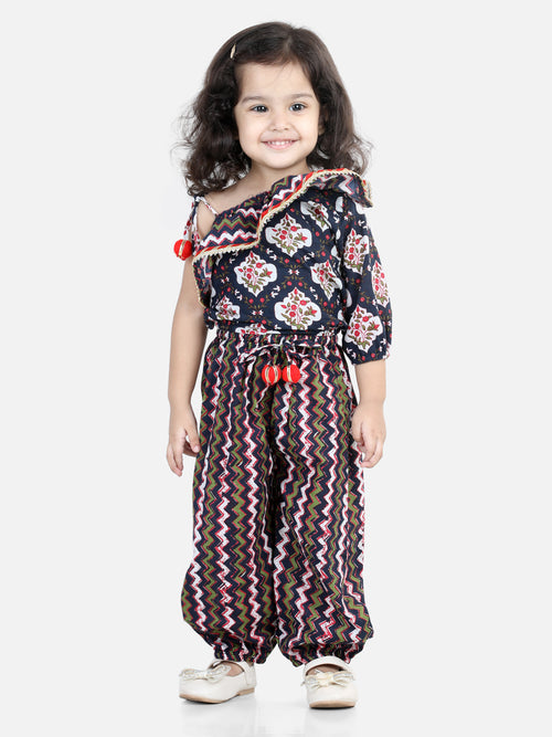 BownBee Girls Printed One Sleeve Ruffle Pure Cotton Top with Harem pant Co Ords Indo Western Clothing Sets- Black