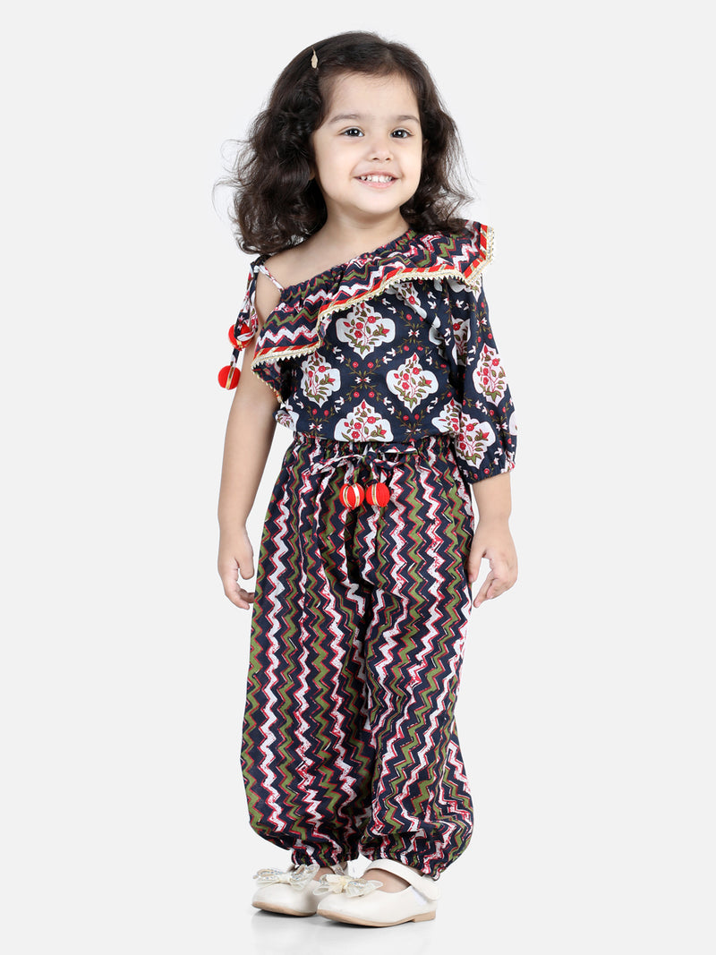 BownBee Girls Printed One Sleeve Ruffle Pure Cotton Top with Harem pant Co Ords Indo Western Clothing Sets- Black