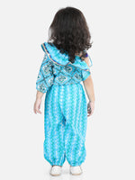 BownBee Girls Printed One Sleeve Ruffle Pure Cotton Top with Harem pant Co Ords Indo Western Clothing Sets - Blue
