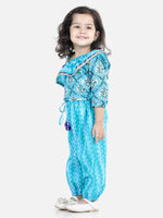 BownBee Girls Printed One Sleeve Ruffle Pure Cotton Top with Harem pant Co Ords Indo Western Clothing Sets - Blue