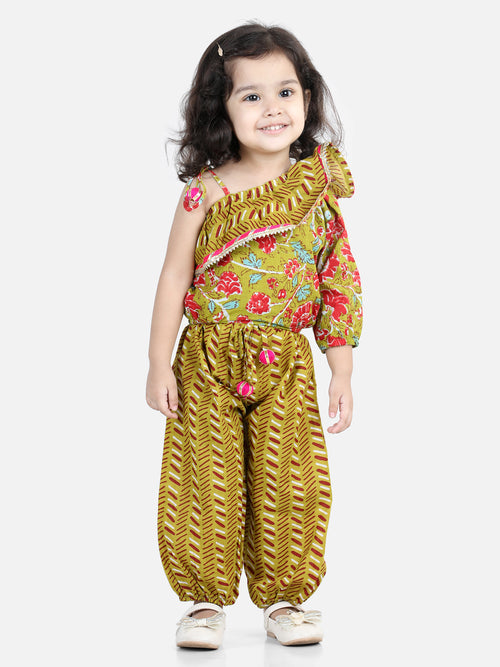 BownBee Girls Printed One Sleeve Ruffle Pure Cotton Top with Harem pant Co Ords Indo Western Clothing Sets - Green