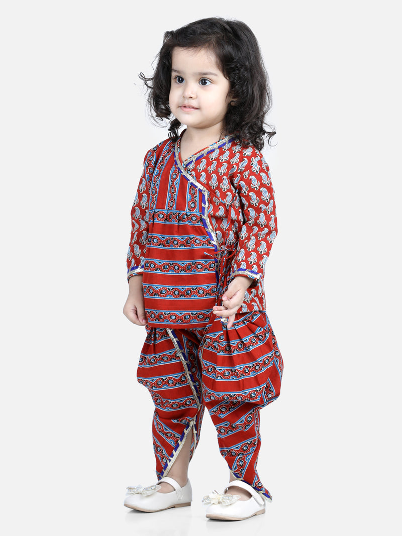BownBee Front Open Pure Cotton Angrakha Top with Harem pant Co Ords Indo Western Clothing Sets- Red
