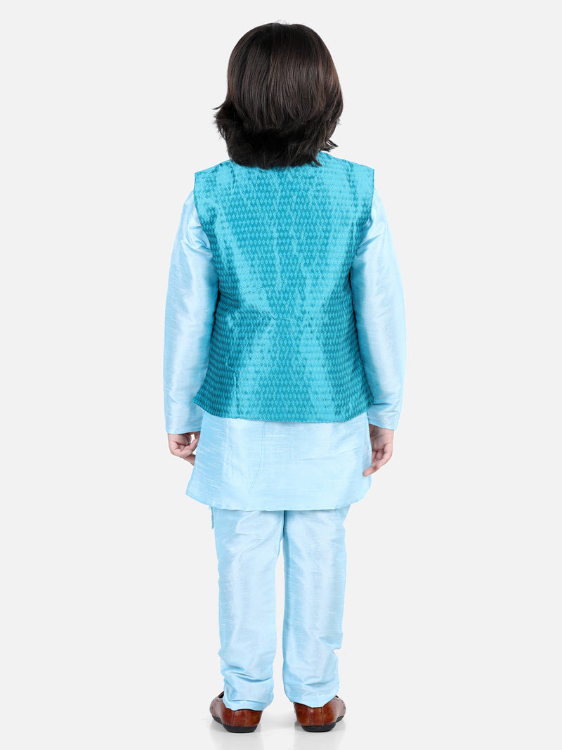 BownBee Boys Ethnic Festive Wear Assymetric Kurta Pajama with Jacquard Jacket- Blue