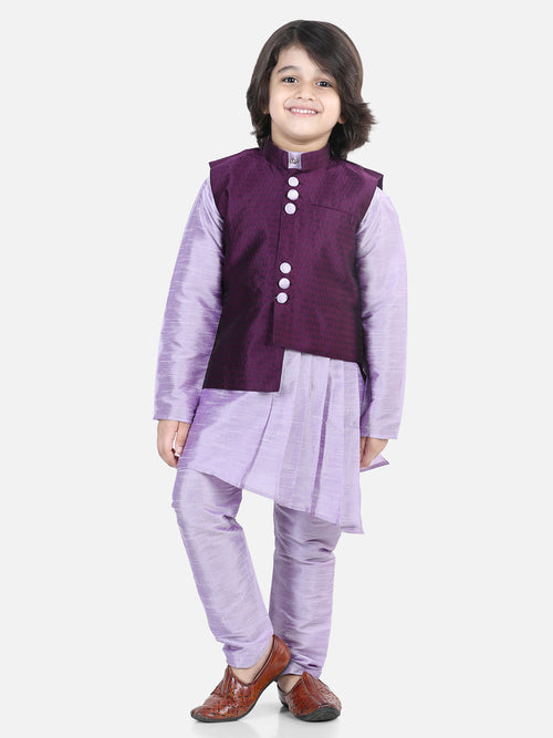 BownBee Boys Ethnic Festive Wear Assymetric Kurta Pajama with Jacquard Jacket-Purple