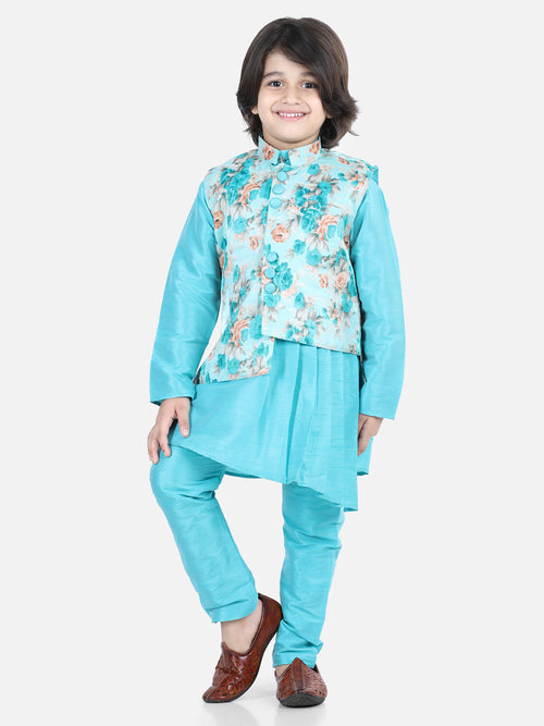BownBee Boys Ethnic Festive Wear Assymetric Kurta Pajama with Floral Printed Jacket-Blue