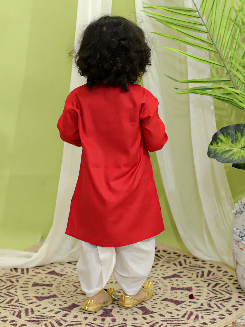 BownBee Embroidered Bangali Style Kurta with Dhoti for Boys- Red