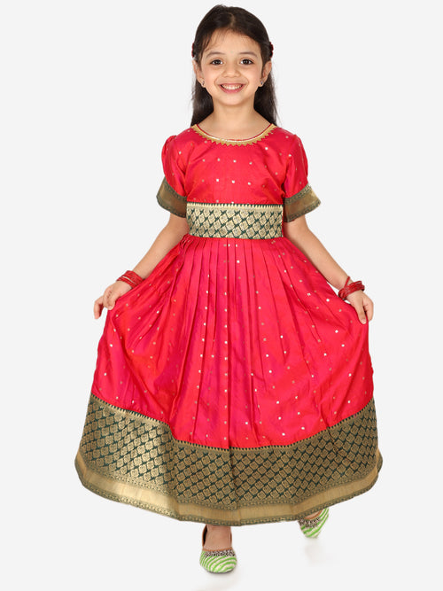 BownBee Ethnic Silk Booti Party Dress Gown for Girls- Pink