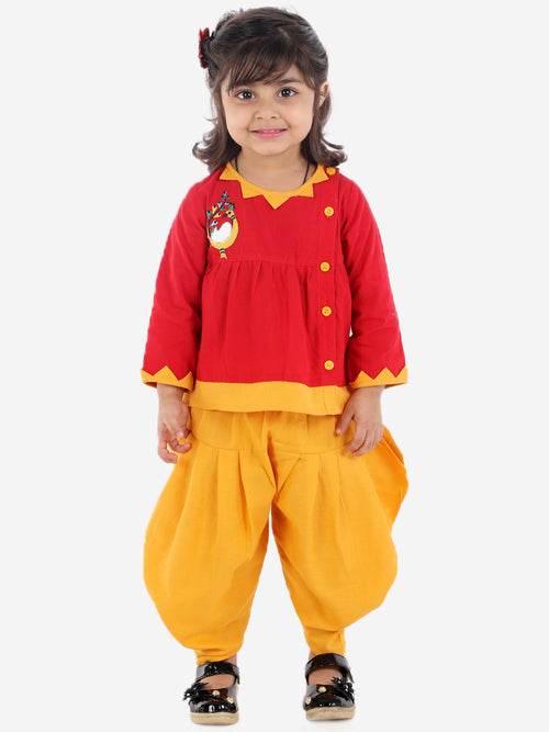 BownBee Girls Cotton Mor Embroidery Top Dhoti Indo Western Clothing Sets- Red