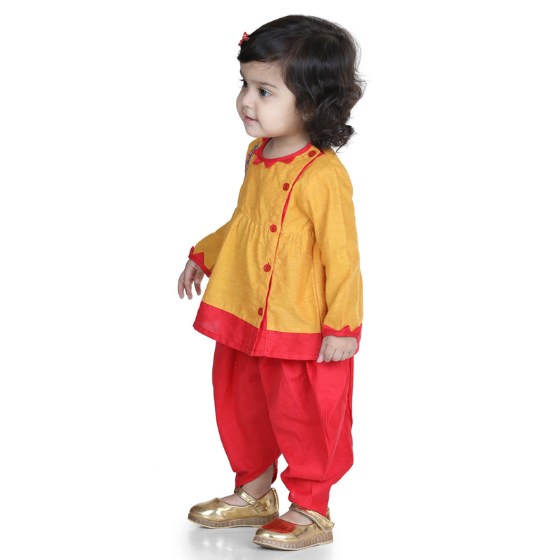 BownBee Girls Cotton Mor Embroidery Top Dhoti Indo Western Clothing Sets- Yellow