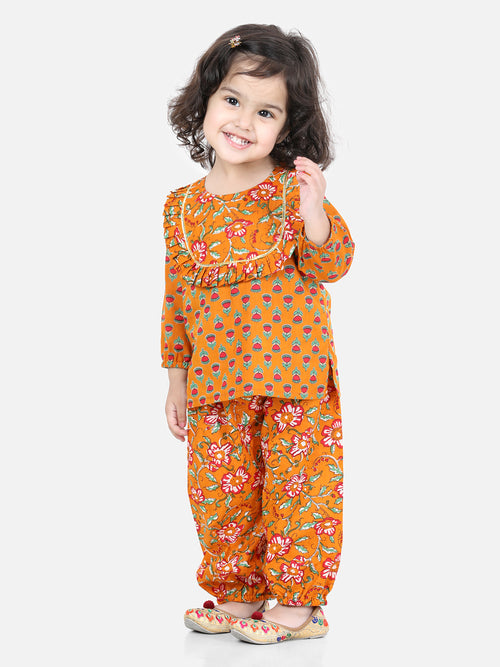 BownBee Girls Pure Cotton Printed Top Harem pant Indo Western Clothing Set - Orange