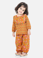 BownBee Girls Pure Cotton Printed Top Harem pant Indo Western Clothing Set - Orange