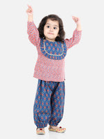 BownBee Girls Pure Cotton Printed Top Harem pant Indo Western Clothing Set -Peach
